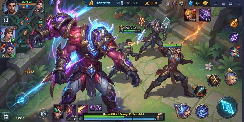Screenshot gameplay <strong>DANATOTO</strong> menampilkan pertarungan seru di arena MOBA.