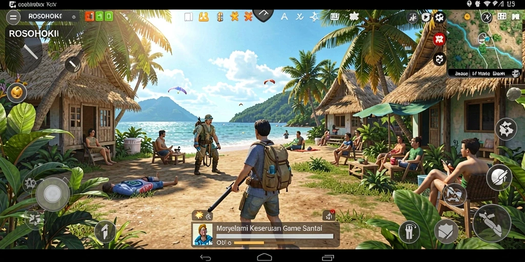 Screenshot utama gameplay ROSOHOKI dengan tampilan ceria dan interaktif.